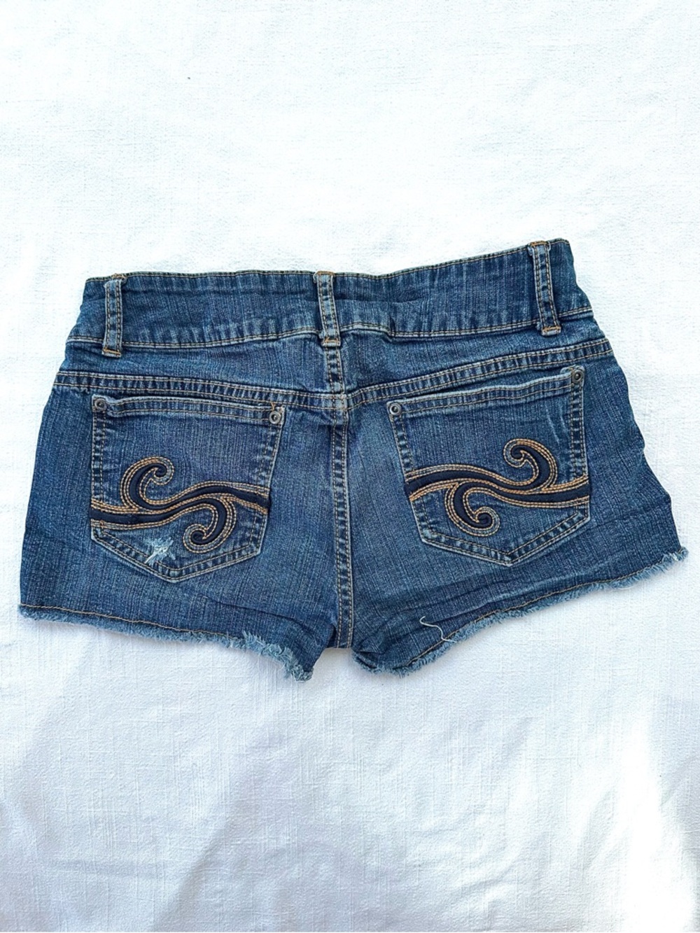 Candie's Low Rise Denim Cutoff Shorts — Embroidered Pocket Mini Short